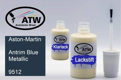 Aston-Martin, Antrim Blue Metallic, 9512: 20ml Lackstift + 20ml Klarlack - Set, von ATW Autoteile West.